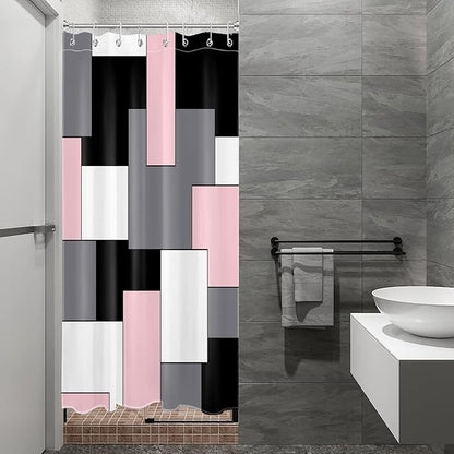 HVEST Modern Pink Shower Curtain with Hooks, Grey Black and White Abstract Geometric Shower Curtain for Bathroom, Mid Century Minimalist Shower Curtain Set Bathroom Decor Curtains, 48x72 inch