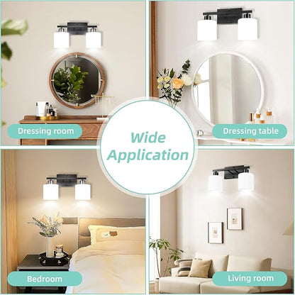 SILAMPDI Black Bathroom Lighting Fixtures Over Mirror, Modern 2-Light Vanity Lights Fixtures Rustproof Wall Sconces Light for Bedroom, Hallway, Milky White Glass Shades, E26 Base, Bulbs Not Included
