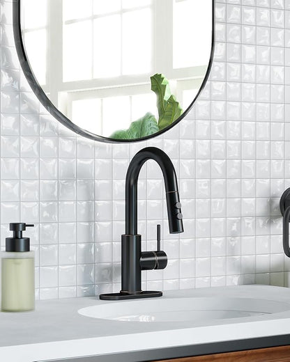 Fransiton Bathroom Faucets, Bar Sink Faucet Single Hole for Bathroom Kitchen Campers with Deck Plate Outdoor Faucet Vessel Farmhouse Vanity Lavatory (Oil Rubbed Bronze - Pull Sprayer - A)