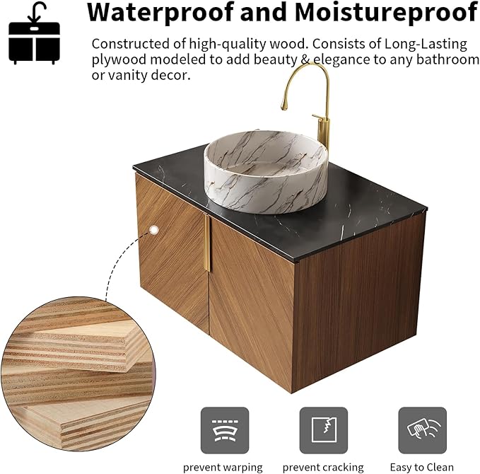 LKTART 30 Inch Bathroom Vanity with Sink, Modern Wall Mounted Bathroom Storage Cabinet with 2 Doors, Black Sintered Stone Countertop and White Round Ceramic Basin, Brown