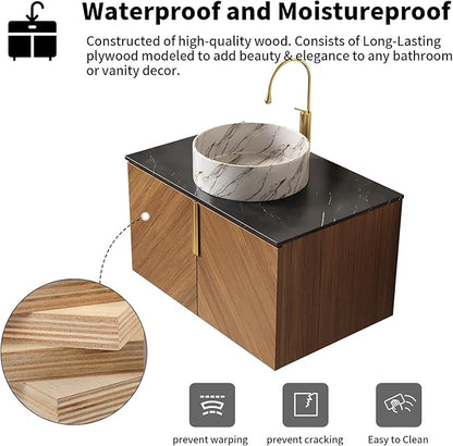 LKTART 30 Inch Bathroom Vanity with Sink, Modern Wall Mounted Bathroom Storage Cabinet with 2 Doors, Black Sintered Stone Countertop and White Round Ceramic Basin, Brown