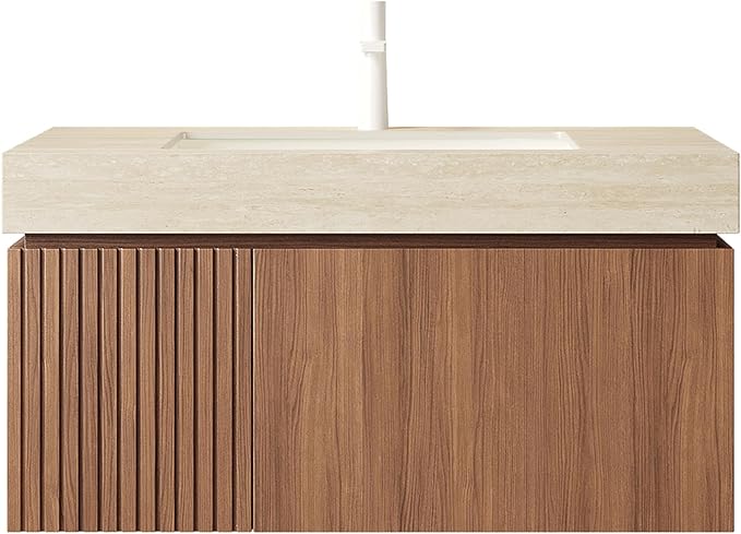 KEIKI 36 Inch Floating Bathroom Vanity with Sink, Modern Wall Mounted Storage Cabinet with Drawer, Pre-assembled Waterproof Wood Panels, Sintered Stone Top & Ceramic Basin Combo Set, Brown Oak & Beige