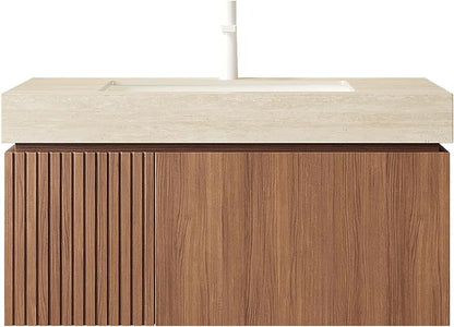 KEIKI 36 Inch Floating Bathroom Vanity with Sink, Modern Wall Mounted Storage Cabinet with Drawer, Pre-assembled Waterproof Wood Panels, Sintered Stone Top & Ceramic Basin Combo Set, Brown Oak & Beige