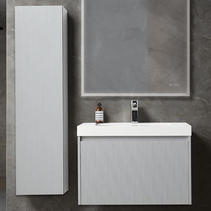 Blossom Positano Wall Mounted Bathroom Vanity with Acrylic Sink & Side Cabinet | All Wood Floating Vanity Cabinet | Soft-Close Drawer | Modern Minimalist Style (Light Grey, 30" w/Sink & SC)