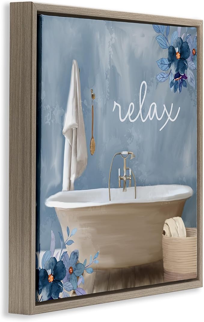 Blue Floral Bathroom Relax Scene, 24 x 24 Inch Canvas in Floater Frame | Stupell Industries · By Kim Allen · Ready to hang · Perfect for bath or laundry decor · Made in USA