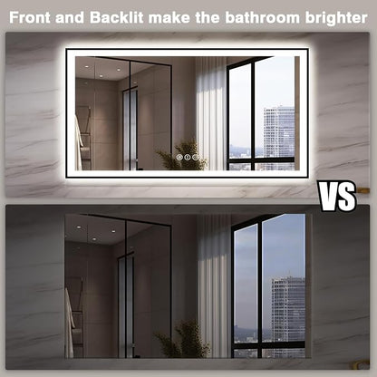 EchosLife 55x30 LED Bathroom Mirrors for Wall - Black Aluminum Framed | Black Frame, Front and Backlit, Anti-Fog, Stepless Dimmable, 3 Colors, Memory, Tempered Glass, UL Listed, Horizontal/Vertical