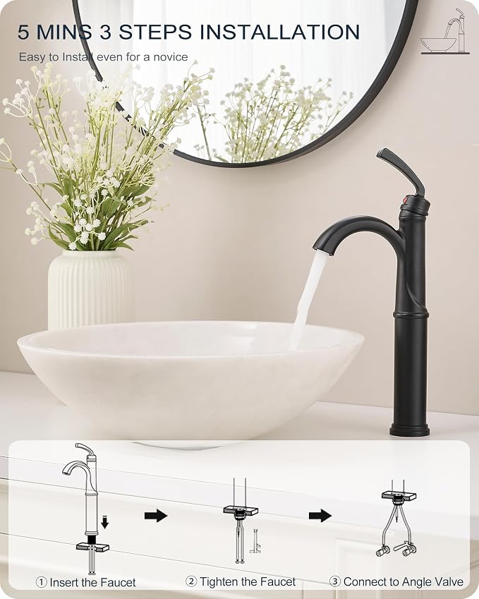 Tall Bathroom Faucet Single Hole, Brass Vessel Sink Faucet Black with 1 Handle, Arched Aerator Spout, Pop Up Drain & Pre-Installed cUPC Water Hoses for Modern Style Bowl Sink, 5 Mins Install