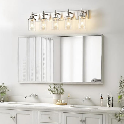 5-Light Brushed Nickel Bathroom Light Fixture Over Mirror Modern Bathroom Vanity Light Vintage Wall Lighting with Clear Glass Shade for Bathroom, Bedroom, Hallway, Cabinet