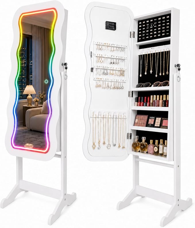 Fiqevs RGB Mirror Jewelry Cabinet, Remote Control LED Mirror with Storage | Standing Jewelry Organizer with Full Length LED Lighting Wavy Mirror, Lockable, Spacious Storage, Jewelry Armoire White