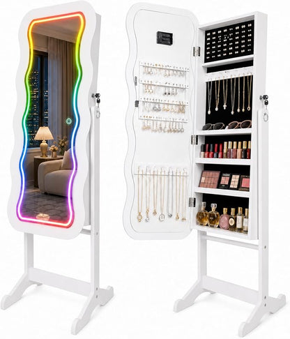 Fiqevs RGB Mirror Jewelry Cabinet, Remote Control LED Mirror with Storage | Standing Jewelry Organizer with Full Length LED Lighting Wavy Mirror, Lockable, Spacious Storage, Jewelry Armoire White