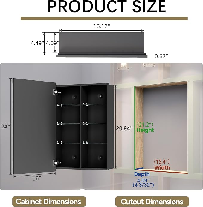 16 x 24 Medicine Cabinet with Mirror, Frameless Beveled Edge Bathroom Medicine Cabinet Wall Mount or Recessed, Pre-Assembled Aluminum Vanity Cabinet with Adjustable Shelves & Soft Close