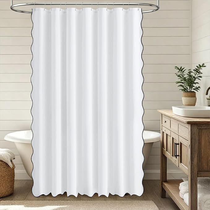 BTTN 84x72 Boho Scalloped Linen Textured Cloth Shower Curtain Set, White | Wide Size, 230GSM Waterproof Polyester, Heavy Duty Fabric, 14 Plastic Hooks, Elegant Modern Farmhouse Style, Machine Washable