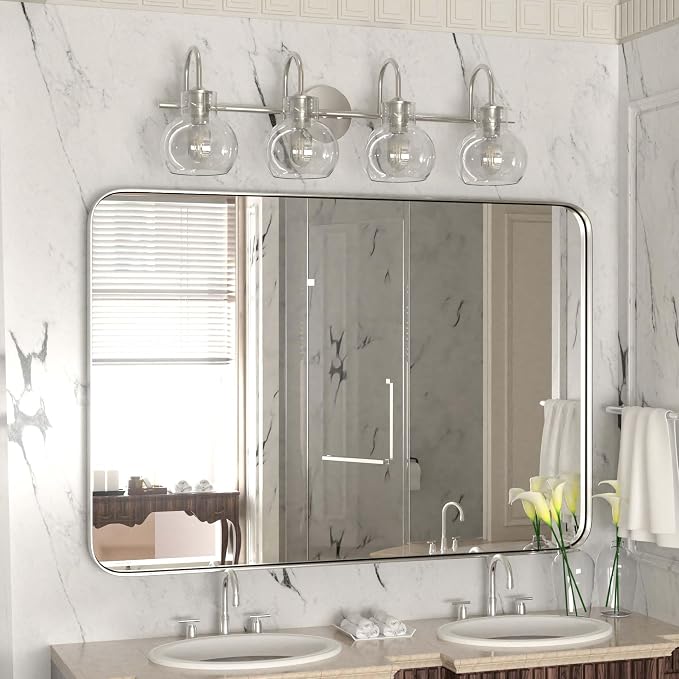 4 Lights Bathroom Vanity Light Fixtures Over Mirror Modern Nickel | 24in Wall Sconce,Brushed Nickel,Globe Glass Shade,E26 Base,UL Certified,Anti-Rust,Damp Rated,Bathroom Bedroom Living Room