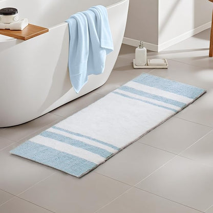 Madison Park Reversible Spa Rug 100%-Cotton Striped Ultra Soft Water Fast Bath Non-Slip Absorbent Quick Dry Mats for Tub, Shower Room, and Bathroom, 27"x45", Blue (MP72-6211) | Quick Dry, Ultra Soft, Pile, Machine Washable, Plush, OEKO-TEX Certified