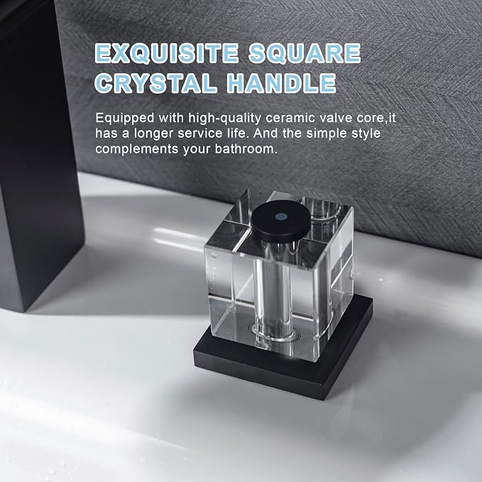 Matte Black Waterfall Bathroom Faucet 3 Hole Widespread Sink Faucet with Crystal Handles, Modern Bathroom Sink Faucet, 2 Handle Deck Mount Lavatory Faucet for Vanity Sink