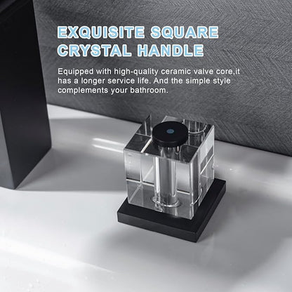 Matte Black Waterfall Bathroom Faucet 3 Hole Widespread Sink Faucet with Crystal Handles, Modern Bathroom Sink Faucet, 2 Handle Deck Mount Lavatory Faucet for Vanity Sink