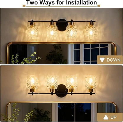 4 Light Black and Brass Bathroom Light Fixture with Hammered Glass Mirror | 30.7" Black and Gold Farmhouse Vanity Light, Vanity Lighting Fixtures, Rustic Vanity Lights for Bathroom Lights for Makeup