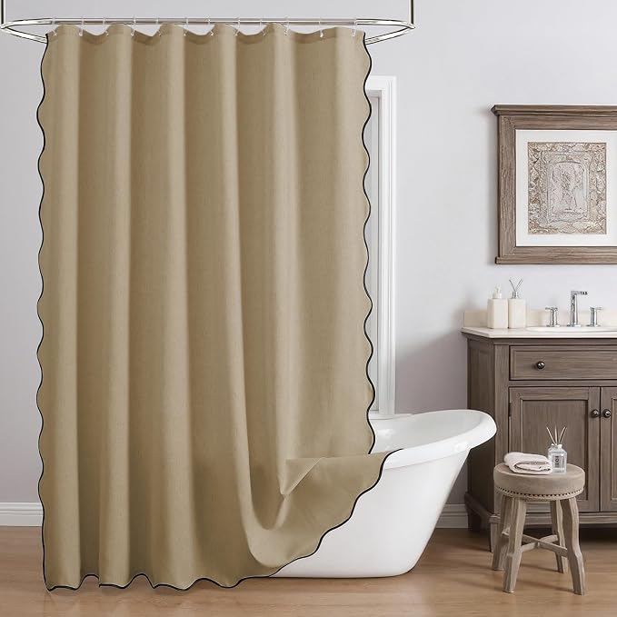 Linen Scallop Shower Curtain with 12 Clear Hooks, Waterproof, 72x72, Khaki | Waterproof Heavy Duty Thick Fabric with Black Border, Minimalist Neutral Boho Farmhouse Bathroom Décor
