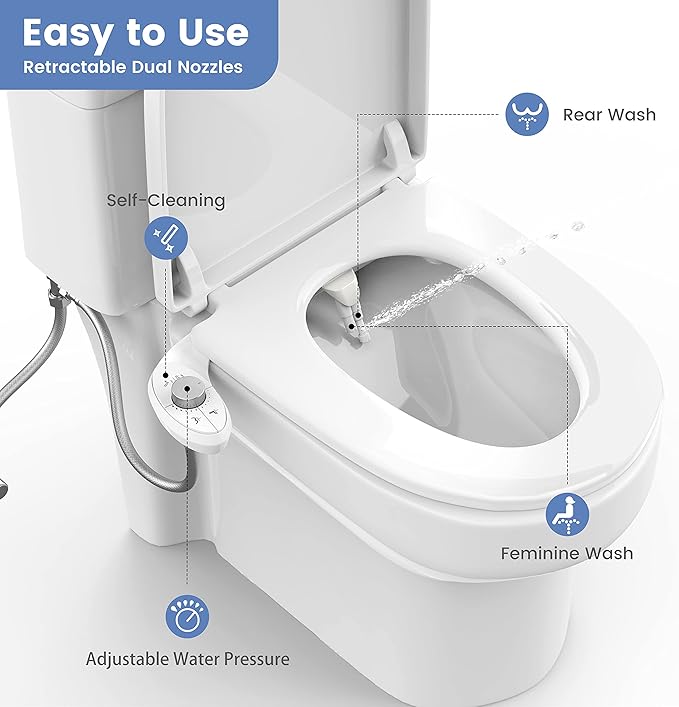 Ultra-Slim Bidet Attachment for Toilet - Effortless Non-Electric Self-Cleaning Dual Retractable Nozzles Bidets Toilet Seat, Adjustable Water Pressure Fresh Water Sprayer Baday