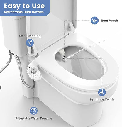Ultra-Slim Bidet Attachment for Toilet - Effortless Non-Electric Self-Cleaning Dual Retractable Nozzles Bidets Toilet Seat, Adjustable Water Pressure Fresh Water Sprayer Baday