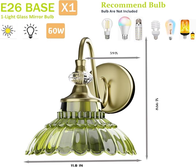 1-Light Copper Vintage Vanity Light with Green Crystal Glass Shade | Wall Sconce Fixtures Bathroom Wall Lamp for Mirror Bathroom Kitchen Living Room Porch Vanity Bedroom