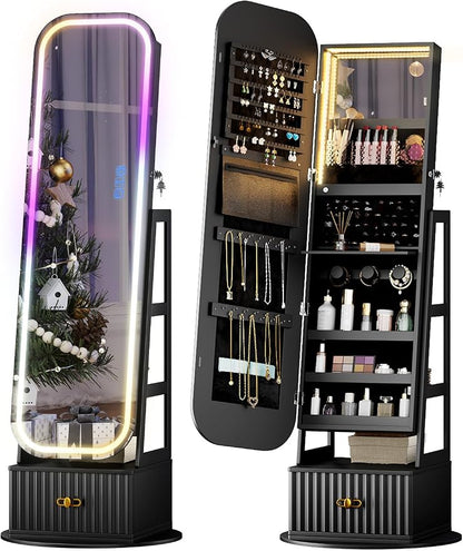 Jewelry Cabinet with RGB Mirror and Foldable Makeup Shelf - Black | SKKTKT Standing Jewelry Armoire - Rotating Storage, RGB Mirror and Foldable Makeup Shelf