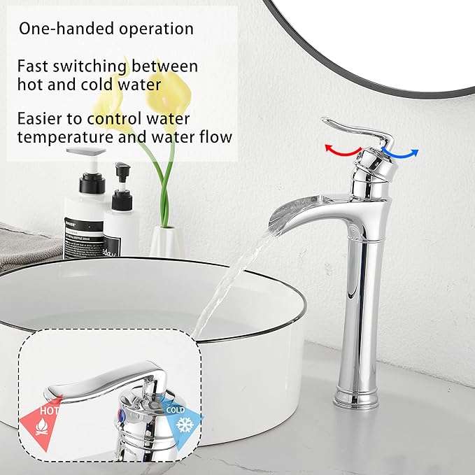 Chrome Bathroom Faucet GGStudy Waterfall Bathroom Faucet Single Handle One Hole Tall Body Farmhouse Bathroom Vessel Sink Faucet Vanity Faucet Matching with Pop Up Drain