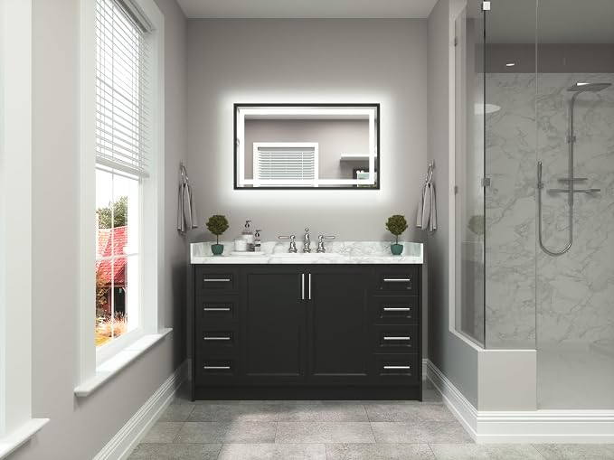 Led Bathroom Mirror 40 x 24 with Brushed Black Frame Anti-Fog Frontlit & Backlit Vanity Mirror Stepless Dimmable Lighted Mirrors for Bathroom Wall 3 Colors White/Warm/Natural Wall-Mounted