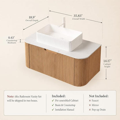 36 Inch Bathroom Vanity with Sink, Floating Wall Mounted Single Sink Vanity, Natural Woodgrain Curved Fluted Front, Stone Top, White Textured Rectangular Vessel Basin, Pre-Assembled