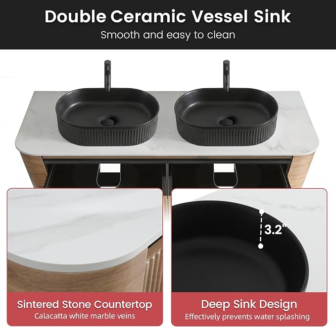 60" Floating Bathroom Vanity with Double Black Sink, Honey Oak | Pre-Assembled Fluted Wall Mounted Double Sink Vanity with Sintered Stone Countertop, Soft-Close Drawers & Towel Rack