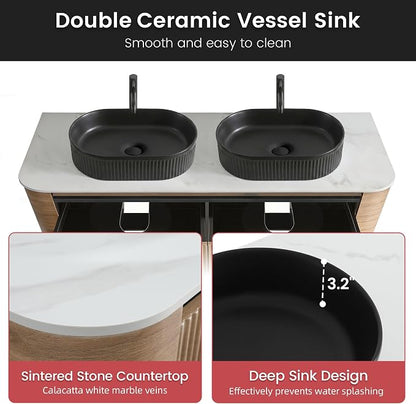 60" Floating Bathroom Vanity with Double Black Sink, Honey Oak | Pre-Assembled Fluted Wall Mounted Double Sink Vanity with Sintered Stone Countertop, Soft-Close Drawers & Towel Rack