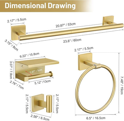 TURS 5-Pieces Brushed Gold Bathroom Hardware Set 23.6 Inch SUS304 Stainless Steel Towel Bar Set Wall Mounted Square Toilet Paper Holder with Shelf