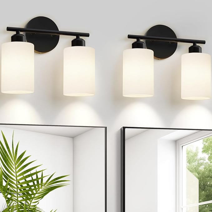 2-Light Bathroom Light Fixtures, Black Modern Vanity Lights with Milky White Frosted Glass Shades, Wall Sconce Light for Bedroom, Living Room and Hallway, 2-Pack
