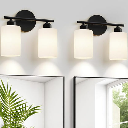 2-Light Bathroom Light Fixtures, Black Modern Vanity Lights with Milky White Frosted Glass Shades, Wall Sconce Light for Bedroom, Living Room and Hallway, 2-Pack