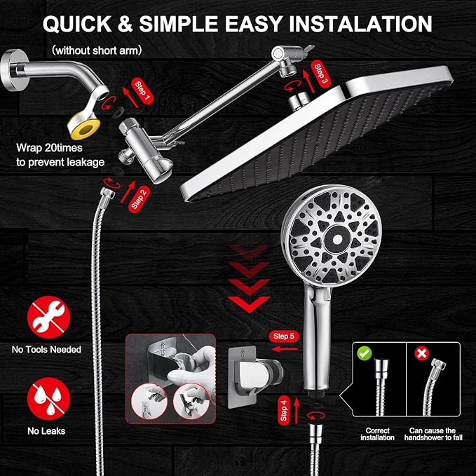14 Inch Square Rain Shower Head Combo, 7 Settings Handheld Spray, Water Saving with Check Valve, Anti-Clog Nozzles, Tool-Free Installation for Bathroom Upgrade