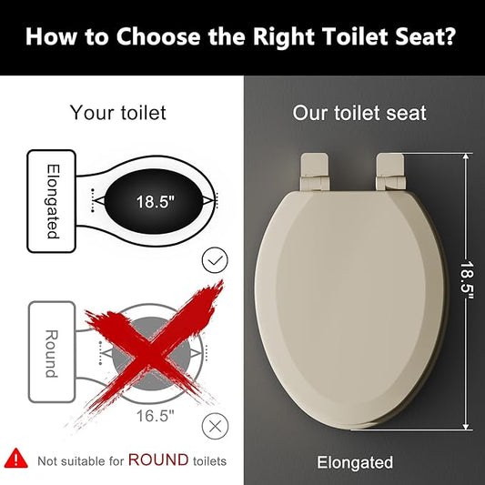 Angol Shiold Quiet-Close Molded Wood Toilet Seat with Non-Slip Adjustable Hinges, Anti-Pinch Bumpers, Easy Install & Clean（Biscuit, Elongated 18.5''）