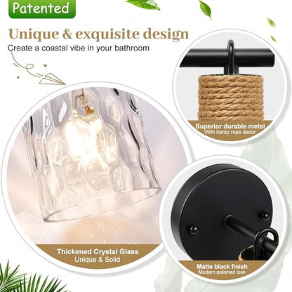 MOKATNG Set of 2 Wall Sconces for Bathroom, Coastal Modern Vanity Lights with Crystal Glass Shade, Black Bathroom Wall Lamp for Mirror Kitchen Living Room Hallway Cabinet Porch