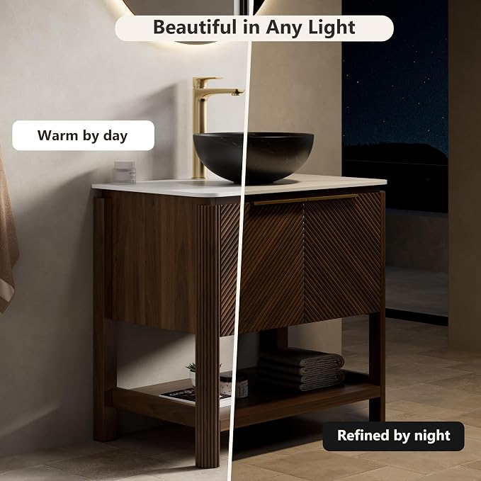 Yayzy 30 Inch Bathroom Vanity with Sink, Freestanding Dark Walnut Bathroom Cabinet, Black Marble Pattern Vessel Sink, Carrara White Sintered Stone Countertop, Soft Close Doors, Open Storage Shelf