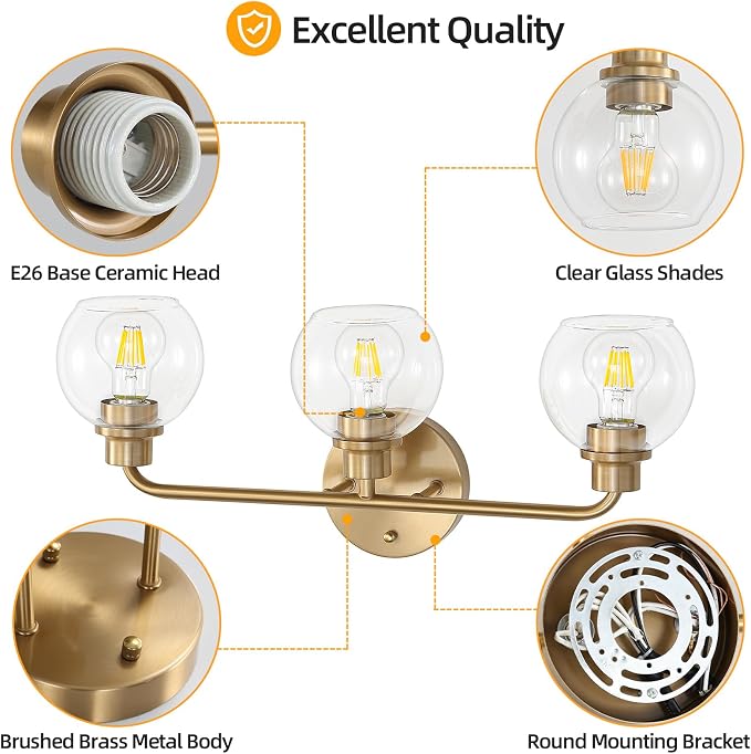 22 Inch Bathroom Light Fixtures Gold Vanity Light 3 Light Brushed Brass | Intrfimaso Wall Sconces Lighting with Clear Globe Glass Shades Bath Wall Lamp for Mirror Living Room Bedroom Hallway