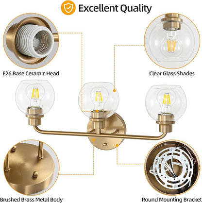 22 Inch Bathroom Light Fixtures Gold Vanity Light 3 Light Brushed Brass | Intrfimaso Wall Sconces Lighting with Clear Globe Glass Shades Bath Wall Lamp for Mirror Living Room Bedroom Hallway