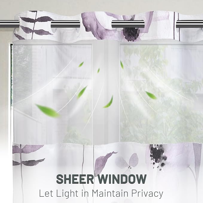 No Hook Floral Shower Curtain with Liner, Plum, 71x74 | Snap in Liner, 3 in 1, Water Repellent, Easy Install, Machine Washable, Hotel Style for Bathroom, Watercolor Pattern