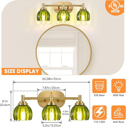 Bathroom Light Fixtures, 3-Light Brushed Gold Vanity Lights for Bathroom with Tulip Green Glass Shade, Bathroom Vanity Lighting Over Mirror, Gold Wall Lamps for Bedroom, Living Room, Hallway