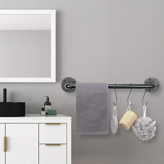 Industrial Pipe Towel Rack Towel Bar, Heavy Duty Wall Mounted Rustic Farmhouse Bath Towel Holder for Bathroom (Black, 16 inch)