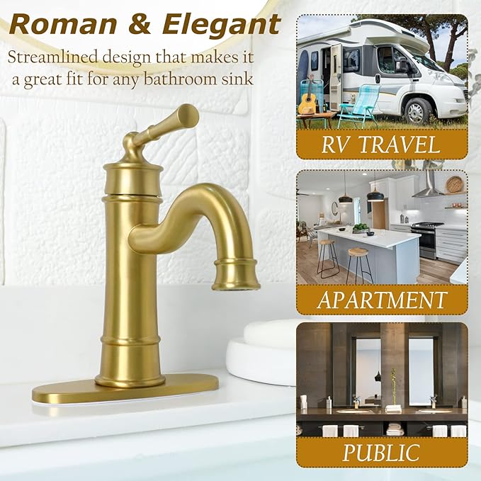Roman Bathroom Sink Faucet Brushed Gold Single Hole Deck-Mount Pop-up Drain Assembly with Overflow Deck Plate and Water Supply Lines Included