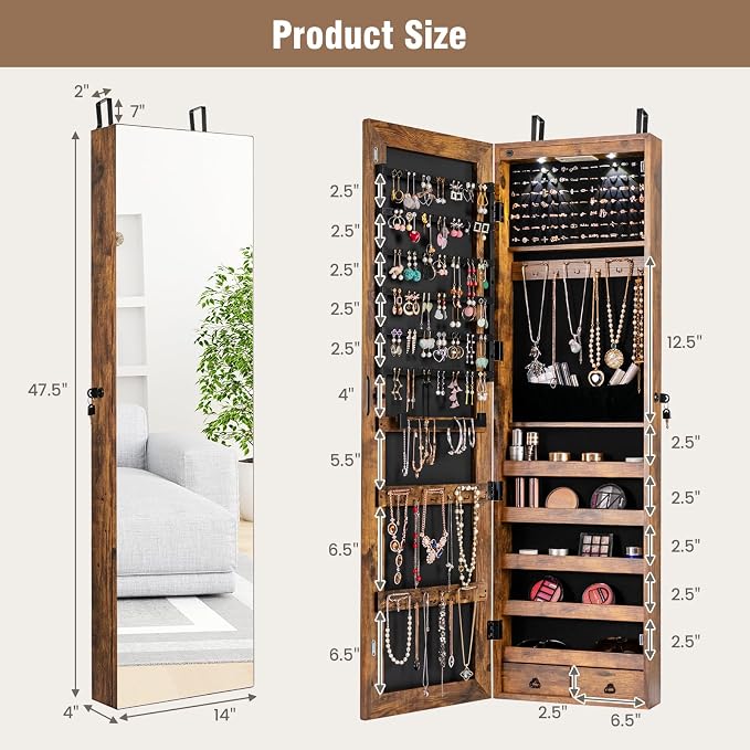 Jewelry Armoire Wall or Door Mounted, Full-Length Mirror with Storage, Lockable Mirror Jewelry Cabinet w/ 2 Drawers, LED Lights, Over the Door Jewelry Organizer Box for Women Girls