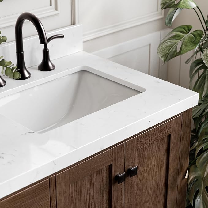 ARIEL Cambridge 66-inch Bathroom Vanity with Sink,Solid Wood, 1.5-inch Carrara White Quartz Countertop, Double Rectangular Porcelain Sink, 4 Soft Closing Doors, 6 Dovetail Drawers, Brown Oak