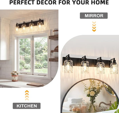 Bathroom Light Fixtures Over Mirror, 4 Lights Vanity Lights with Hammered Glass Shade, 30.8" Matte Black Farmhouse Bathroom Light Fixtures for Bedroom, Porch, Hotel, Mirror Cabinet