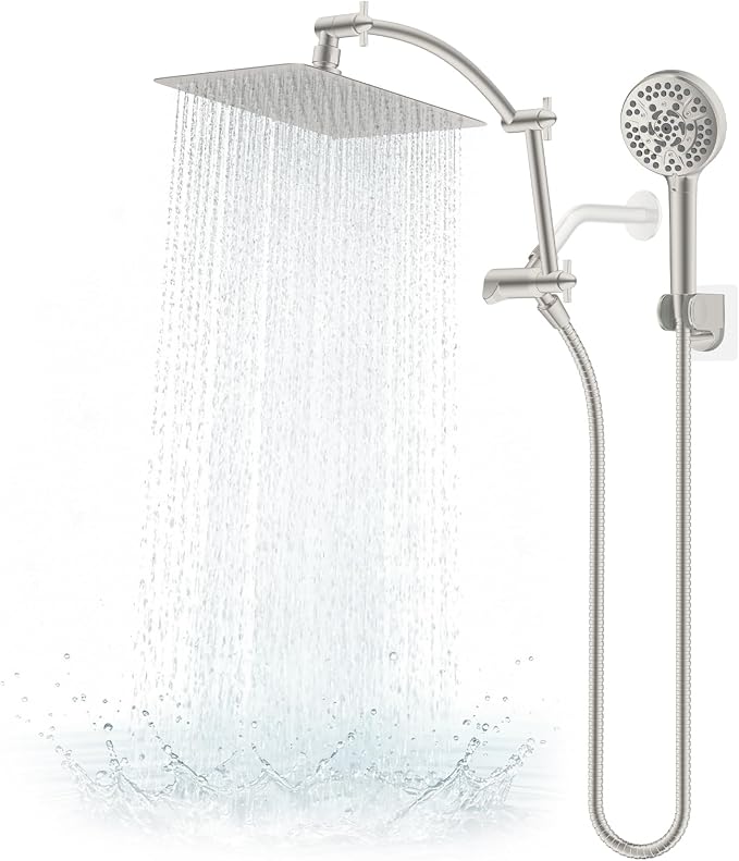Hibbent Metal 10" High Pressure Rain Shower Head Combo, Brushed Nickel | cUPC Certified Rainfall Shower Head with handheld 10 Sprays, 16'' Adjustable Extension Arm, 71'' Hose, Showerhead Holder