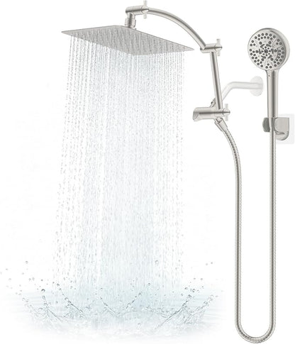 Hibbent Metal 10" High Pressure Rain Shower Head Combo, Brushed Nickel | cUPC Certified Rainfall Shower Head with handheld 10 Sprays, 16'' Adjustable Extension Arm, 71'' Hose, Showerhead Holder
