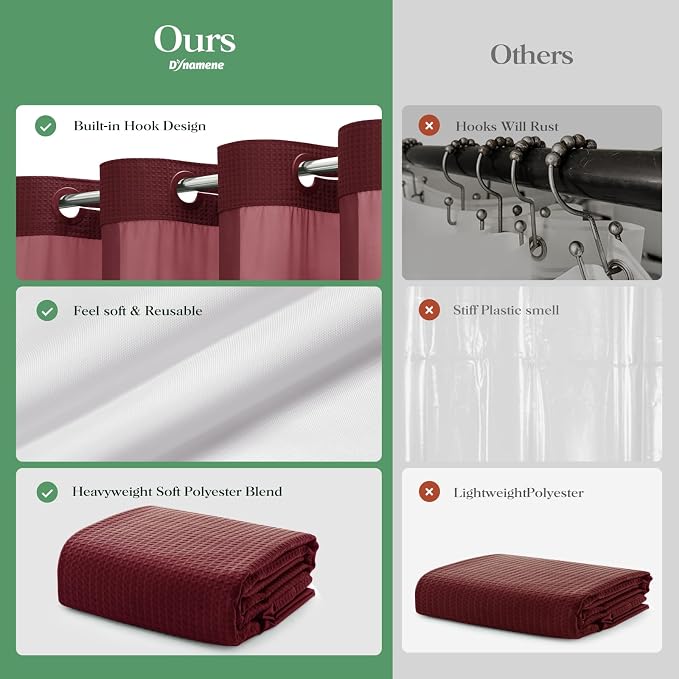 Burgundy Hook Free Waffle Shower Curtain & Snap Fabric Liner,72x99 | Less Time to install, 3 in 1 Fabric Shower Curtain and Liner Set with Magnets, Extra Long, Shower Curtains for Bathroom